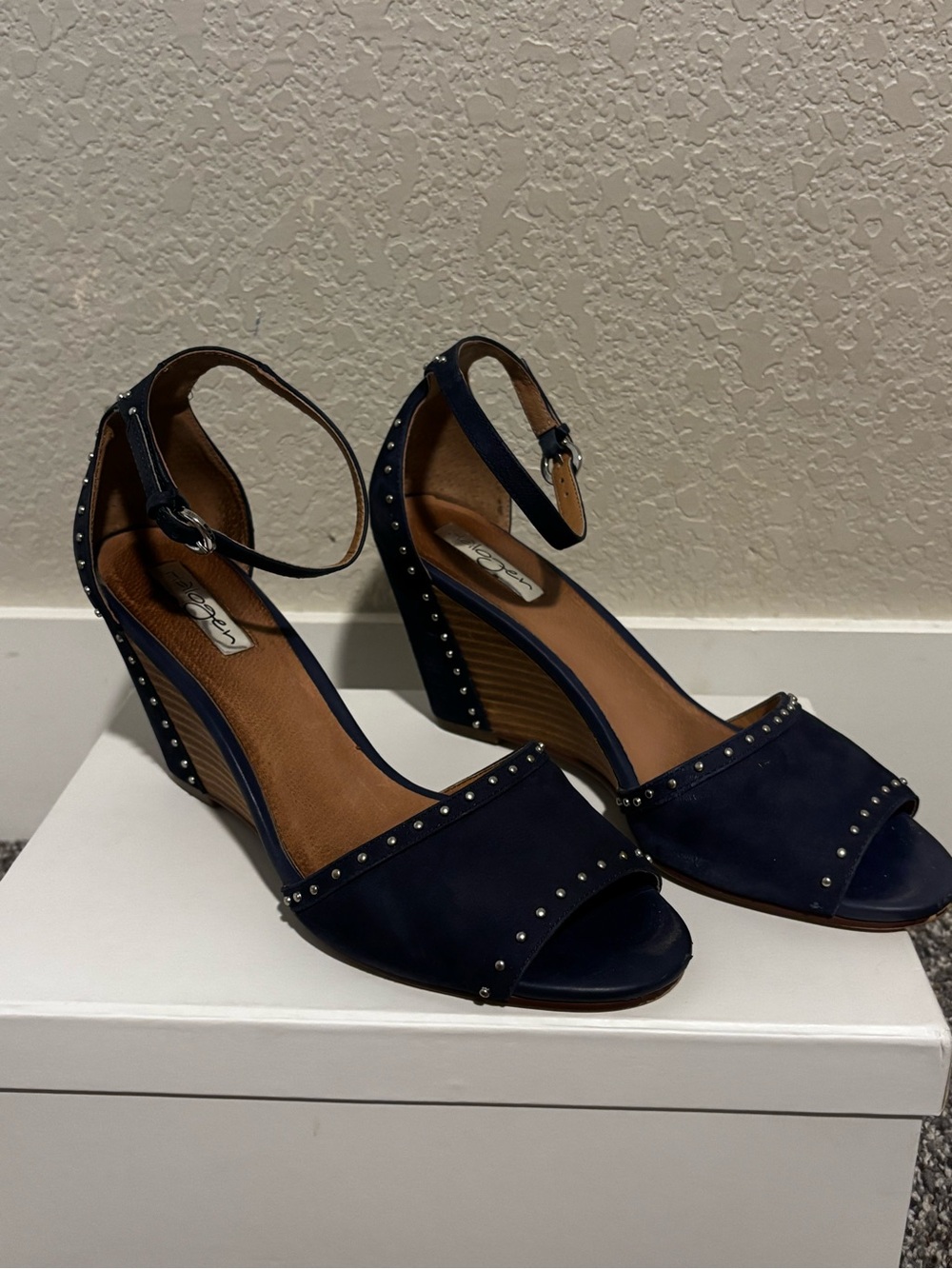 Halogen Navy Studded Wedge Sandals with Ankle Strap